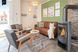 Televisión, chimenea y libros 