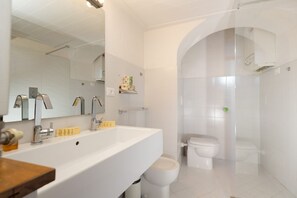 Un baño moderno con un lavabo blanco grande, un espejo, un inodoro y una zona de ducha.