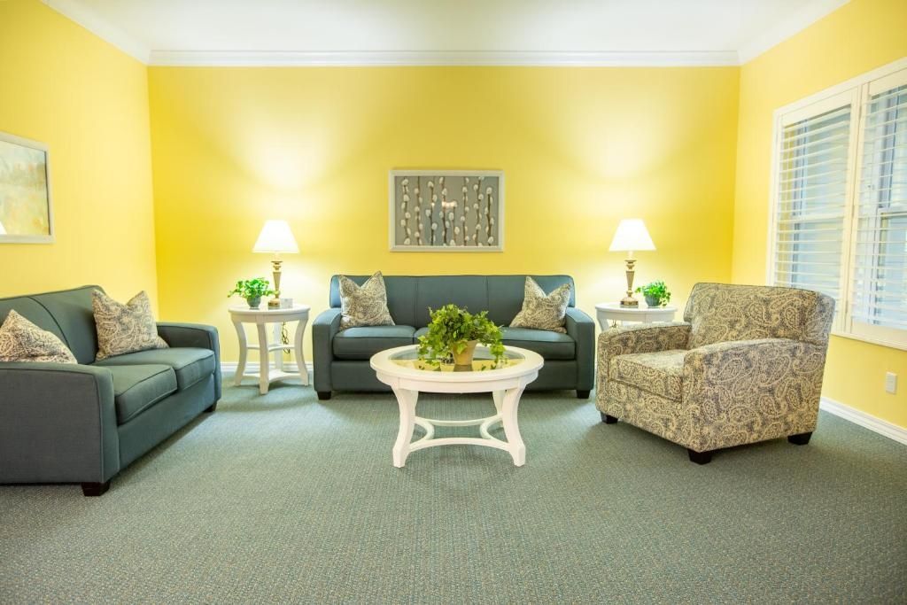 A living room with two sofas, a patterned armchair, a coffee table with a plant, and two side tables with lamps.