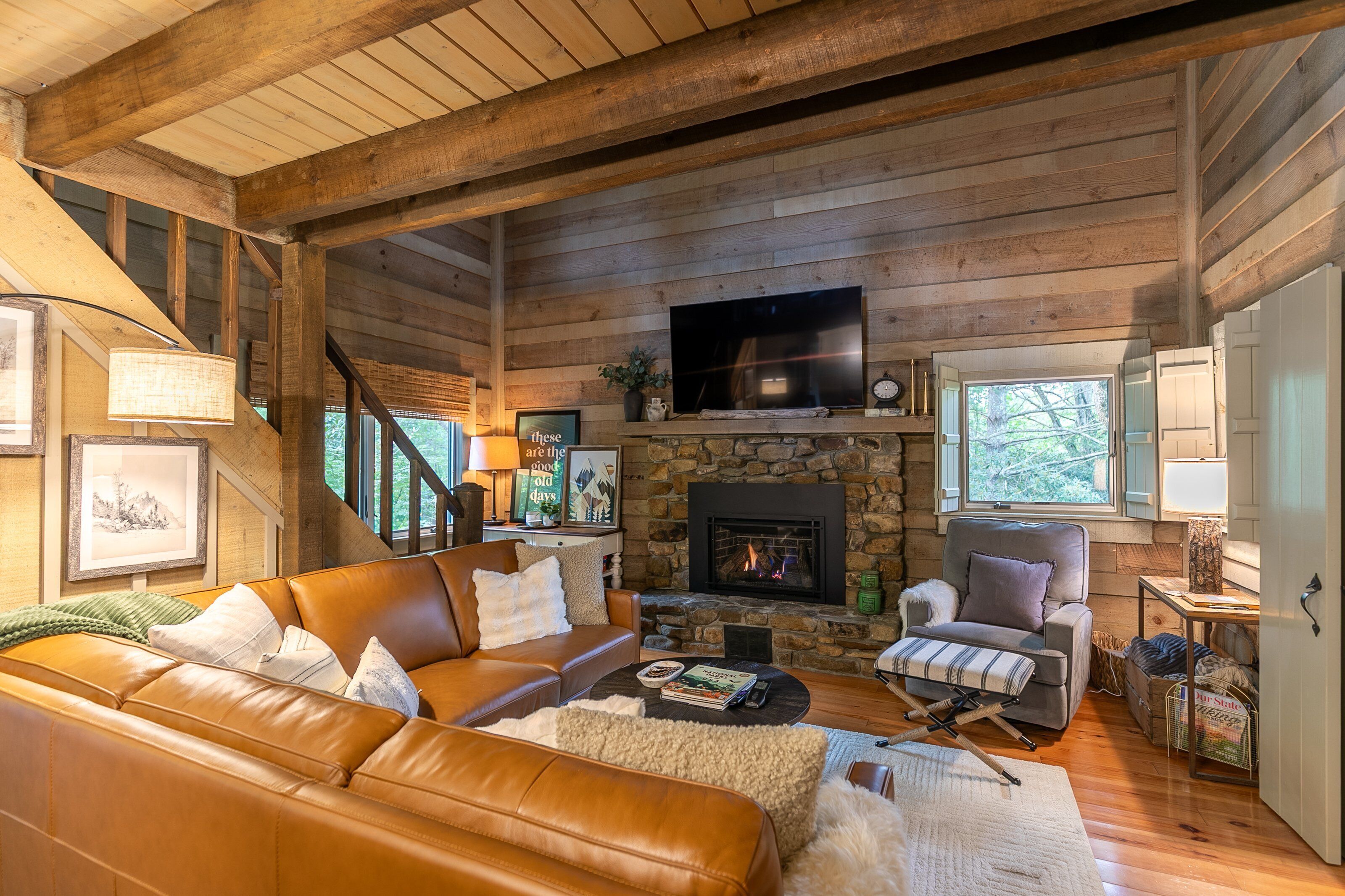 Smart TV, fireplace, video games, music library