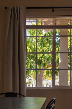 A room with a window, curtains, and a view of greenery outside.