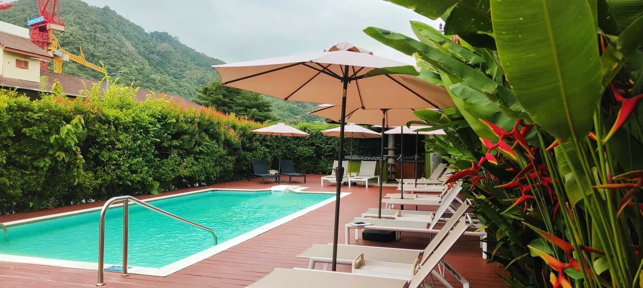A swimming pool with lounge chairs and umbrellas, surrounded by greenery and a mountainous backdrop.