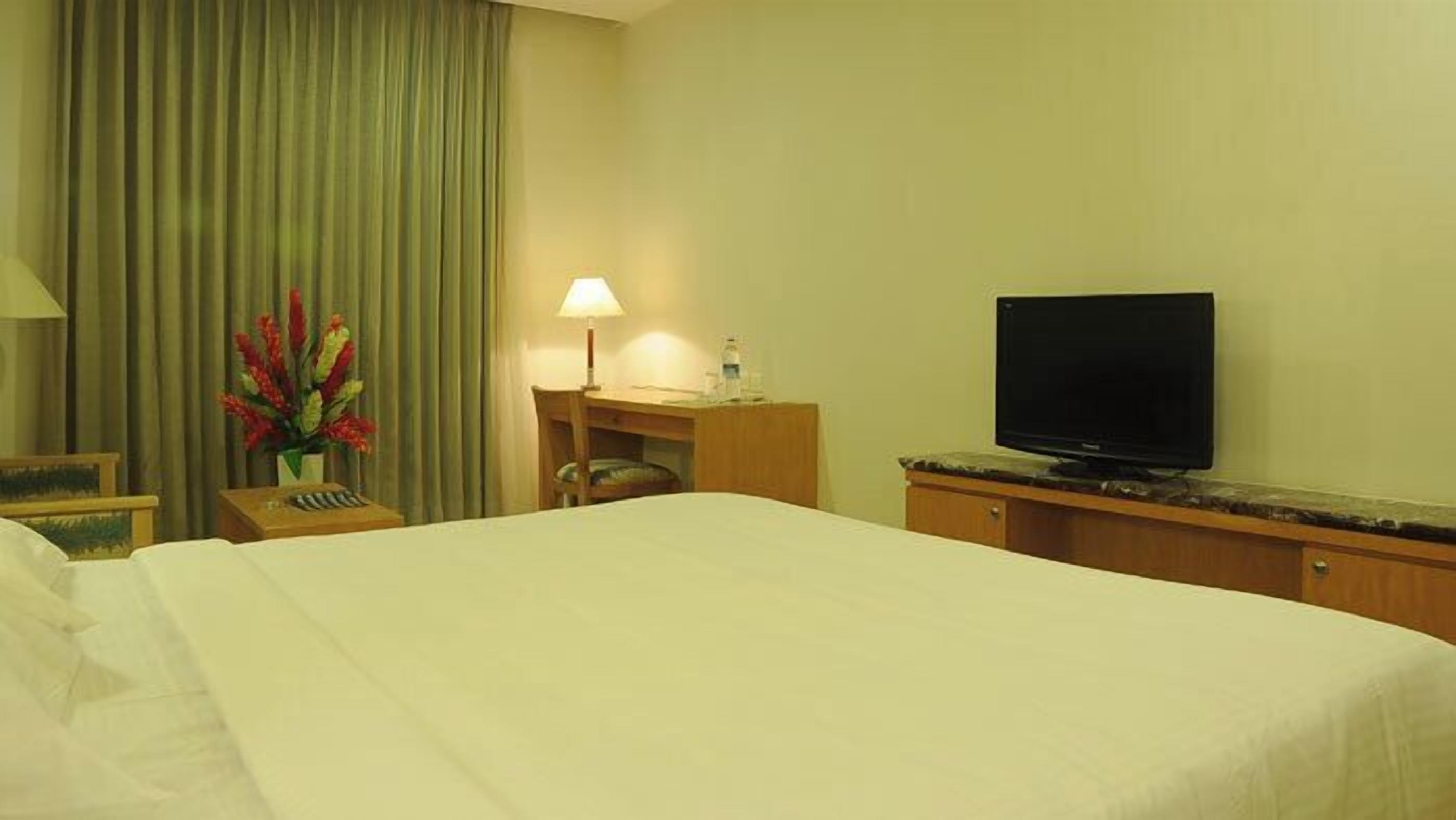 A hotel room with a bed, a desk with a lamp, a television, and a decorative plant.