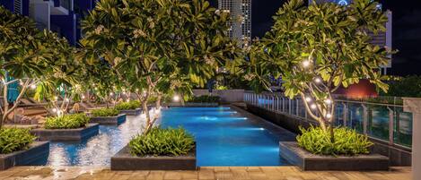 Outdoor pool, pool umbrellas, pool loungers