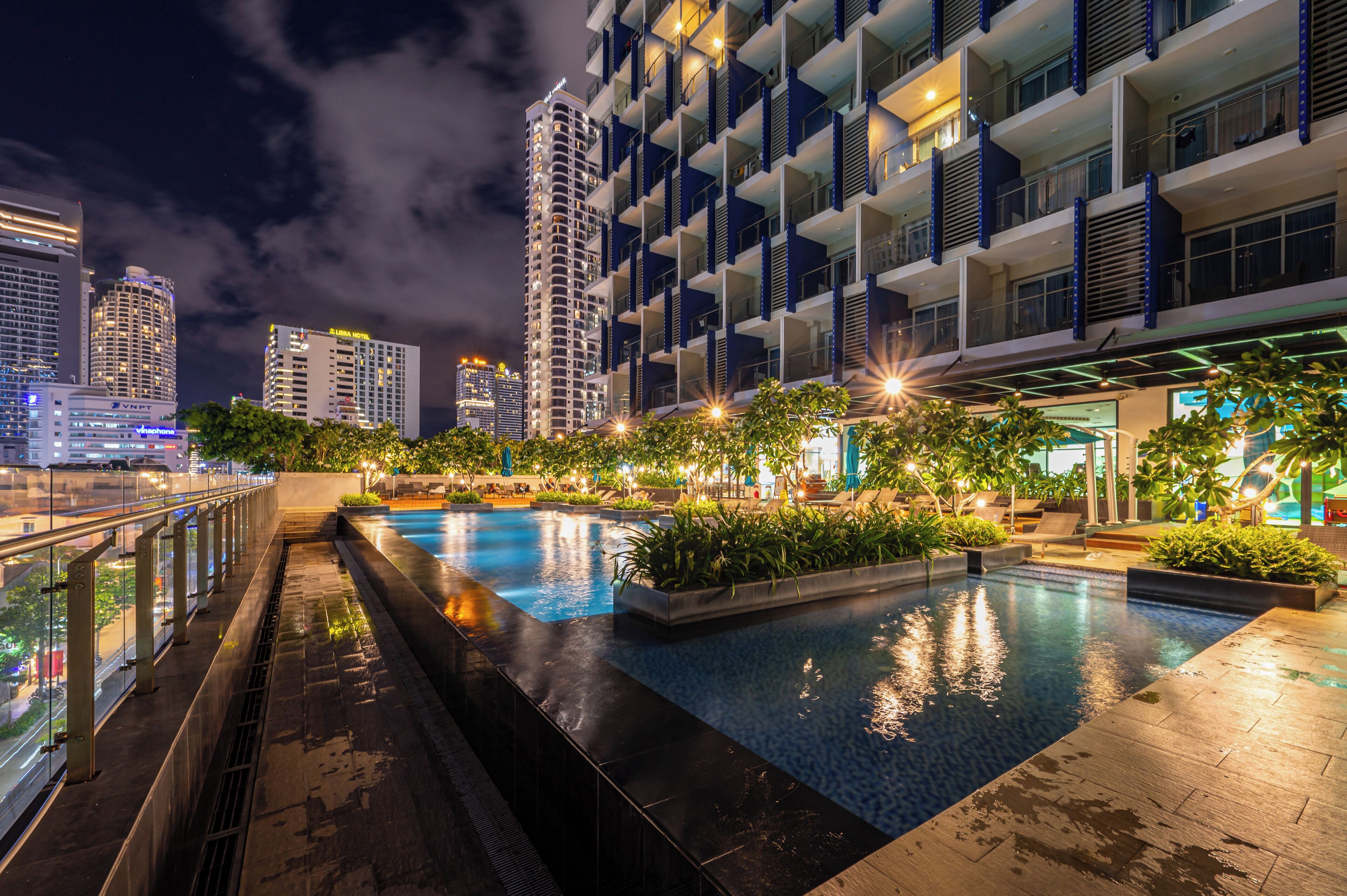 Outdoor pool, pool umbrellas, pool loungers