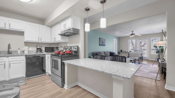 A modern kitchen with white cabinets, stainless steel appliances, and a granite countertop. - Apartment w/pool & hot tub + gym (Austin)