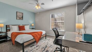 4 bedrooms, desk, iron/ironing board, travel crib