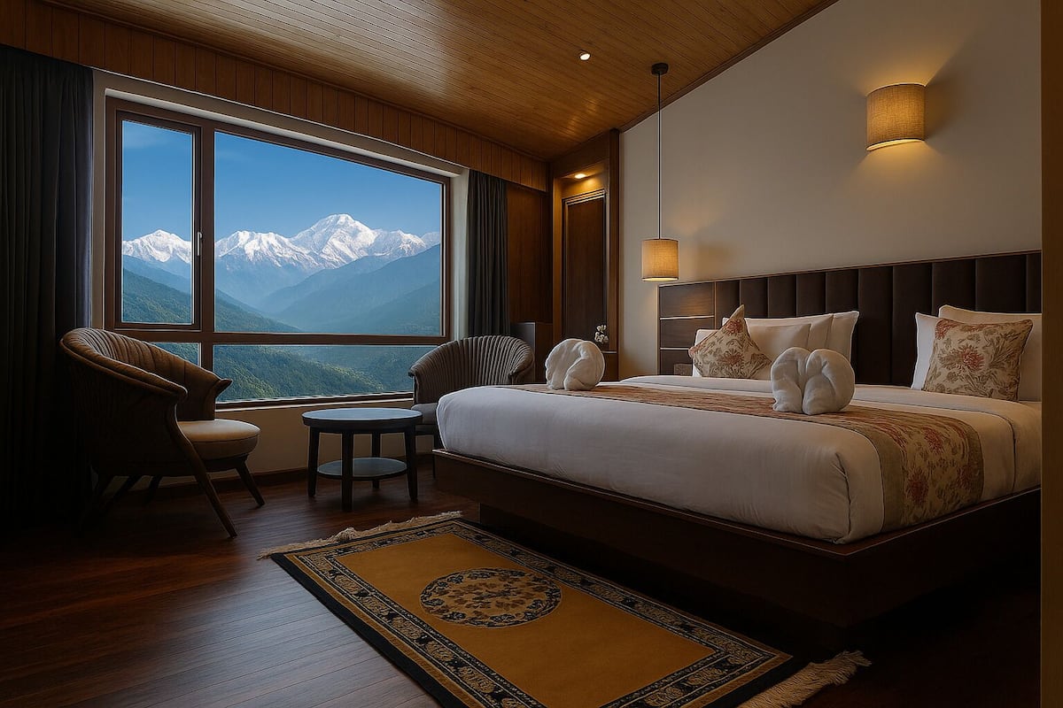 Habitación de hotel con una cama grande, dos sillas, una mesita y vistas a montañas nevadas.