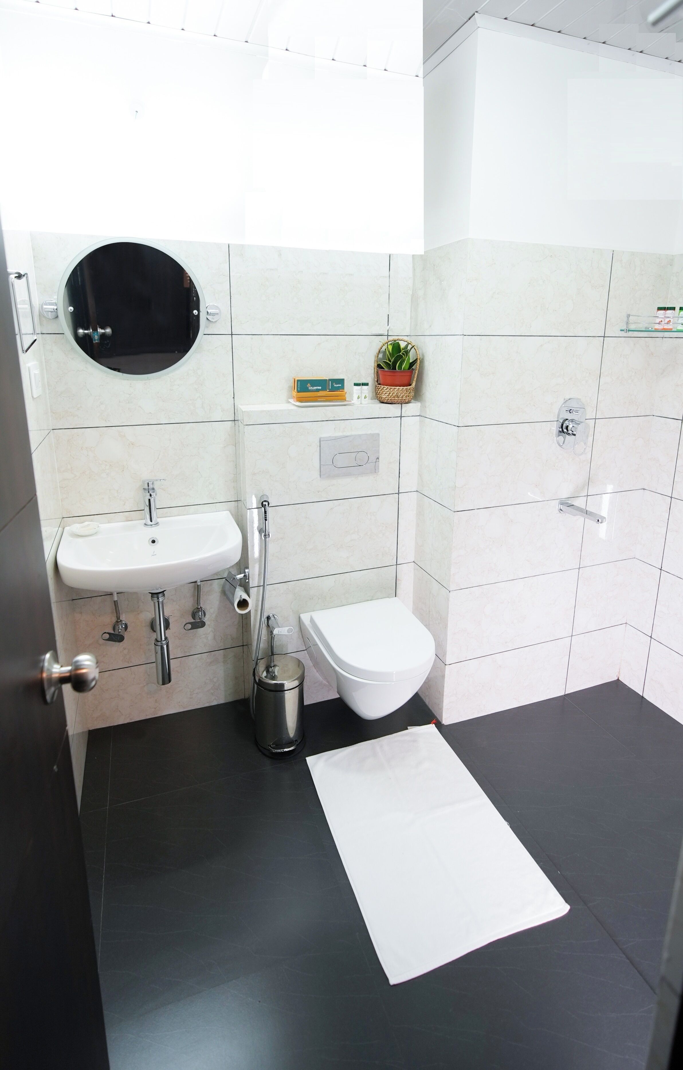 A bathroom with a white sink, toilet, and a small mirror. There is a potted plant on a shelf and a white mat on the floor.