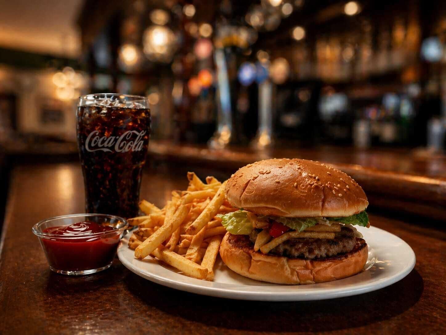 A burger with fries and a Coca-Cola drink on a plate.