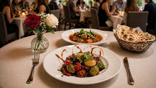 A dining table with a vase of flowers, a plate of food, and a basket of flatbread in a restaurant setting. - Tree Hotel (Oxford)