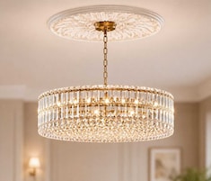 A chandelier with a crystal design and a gold chain.