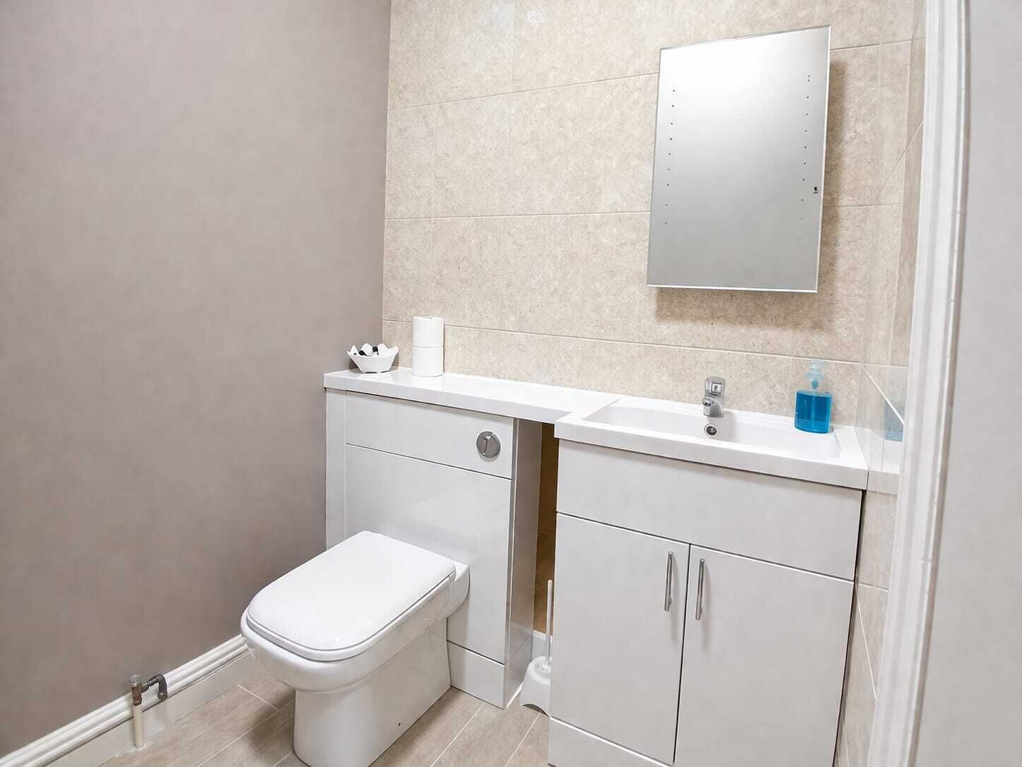 A bathroom with a toilet, a sink with a mirror above it, and a cabinet below.