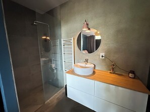 Shower, hair dryer, towels