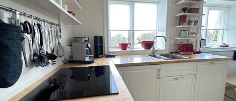 Een koelkast, een magnetron, een oven, een kookplaat