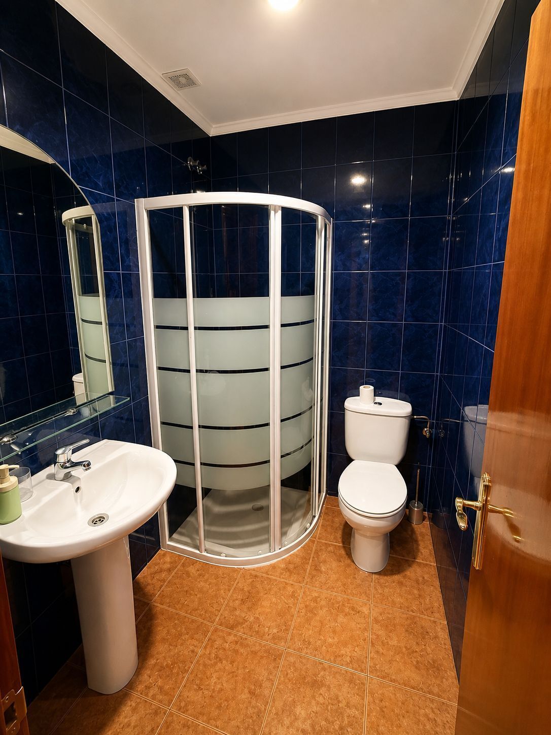 Regadera, toallas, papel de baño 