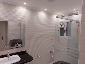 Shower, bidet, towels, soap
