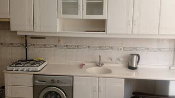 Cocina con estufa a gas, lavadora, lavaplatos y armarios.