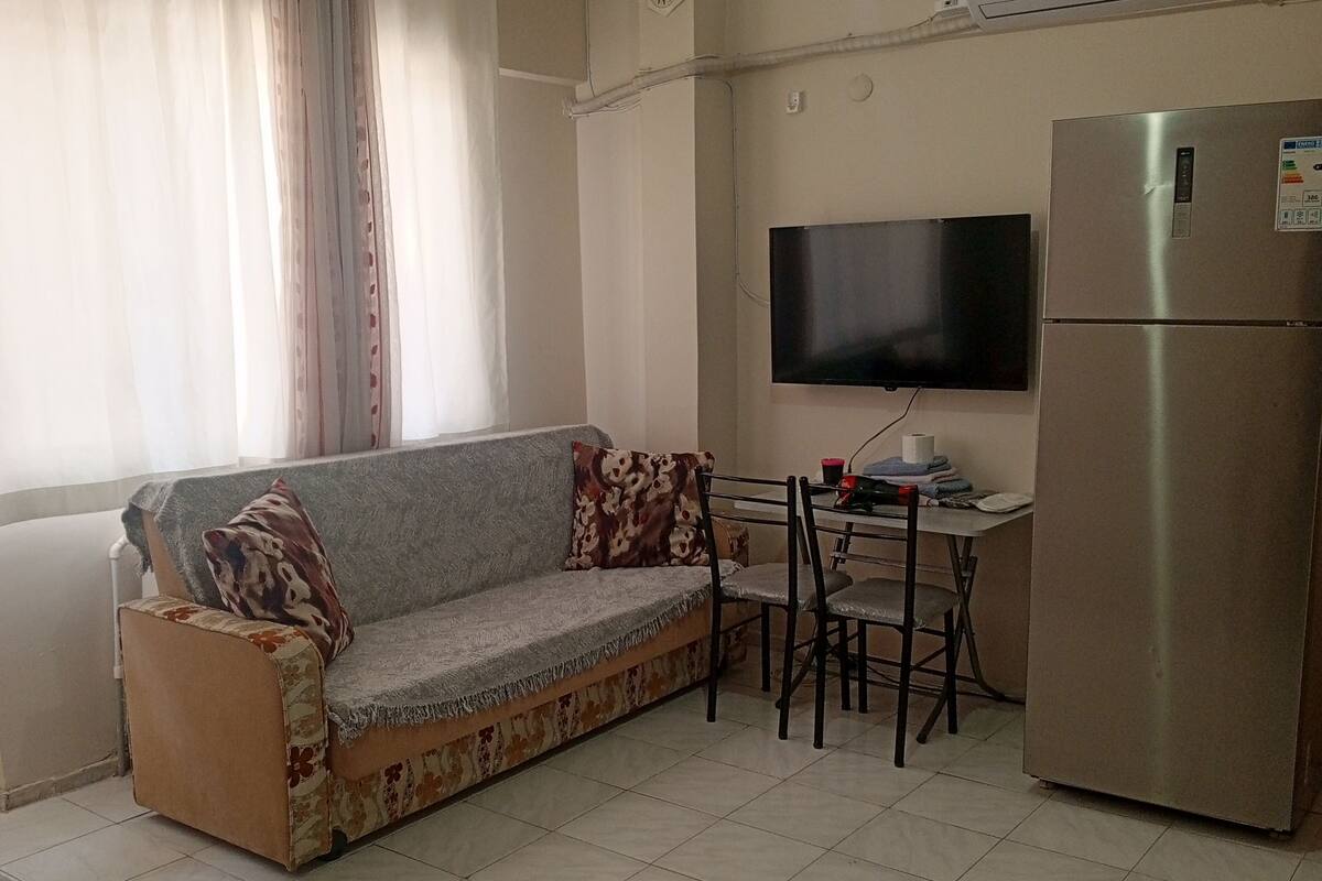 A living room with a sofa, a television, a refrigerator, and a dining table.