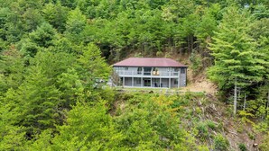 A two-story cabin with a red roof, surrounded by dense forest. - Everview 3 BR 3 BATH Spectacular Mountain Views Firepit, Wi-Fi, Free Pool Access (Townsend)