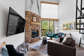 TV connectée, cheminée, livres
