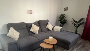 A modern living room with a grey sectional sofa, a small wooden coffee table, and a potted plant.