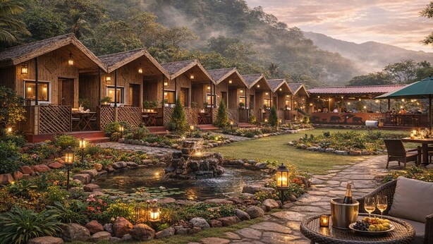 A row of wooden cabins with outdoor seating, a garden with a pond, and a mountain backdrop. - Shivadri Resort  (Rishikesh)