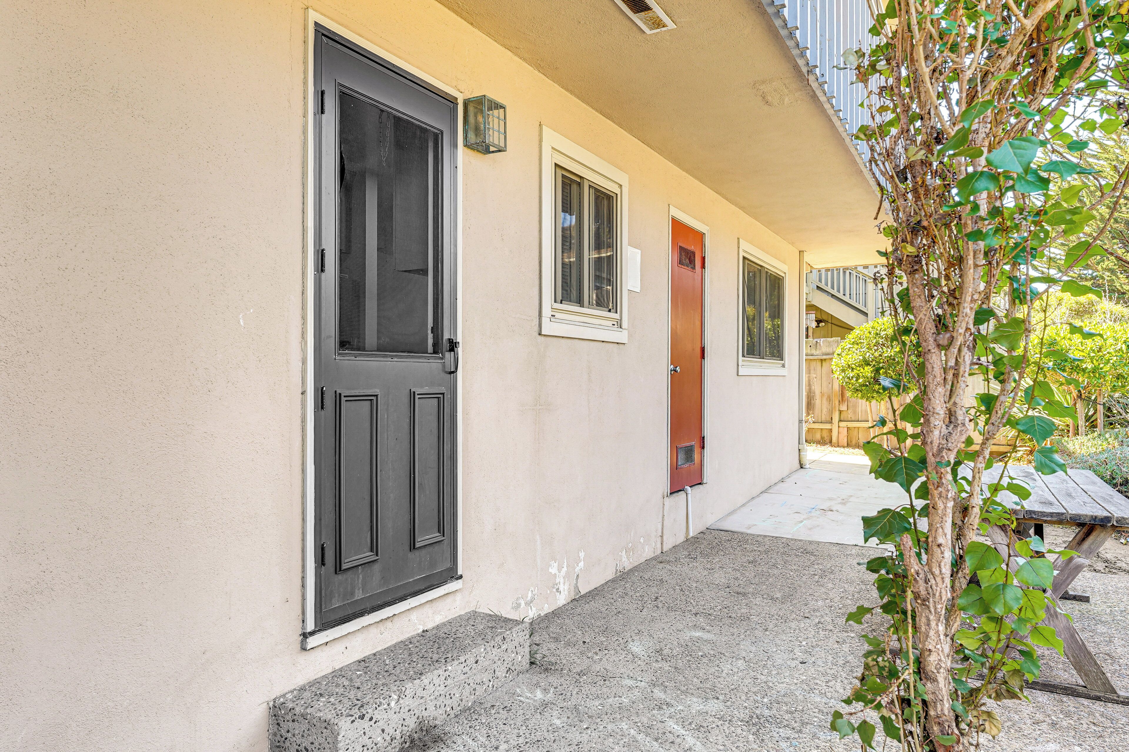 A building with a concrete front porch, a black door, and a small tree with green leaves.