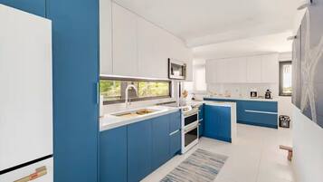 Fridge, microwave, oven, stovetop