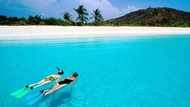 Dos personas haciendo snorkel en aguas azules y cristalinas, con una playa de arena y palmeras al fondo.