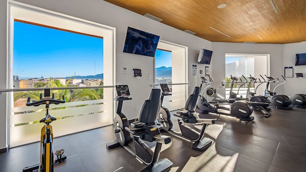 Un gimnasio con máquinas de cardio, máquinas de pesas y un televisor en la pared.