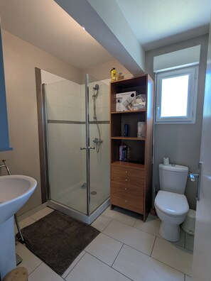 Regadera, secadora de cabello, toallas