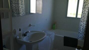 Bidet, towels, soap, toilet paper