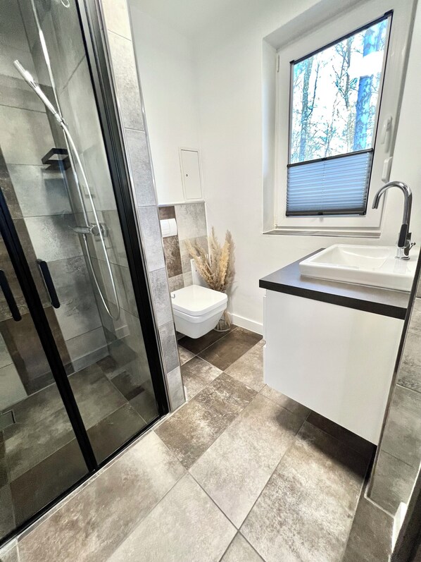 Shower, hair dryer, soap, toilet paper