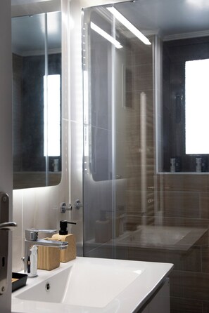 Hair dryer, towels, soap, toilet paper