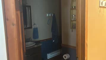 Secadora de cabello, toallas, jabón, papel de baño