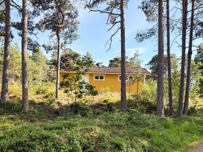 A yellow cabin surrounded by tall pine trees in a forested area. - 6 Person Holiday Home in Stromstad (Stromstad)