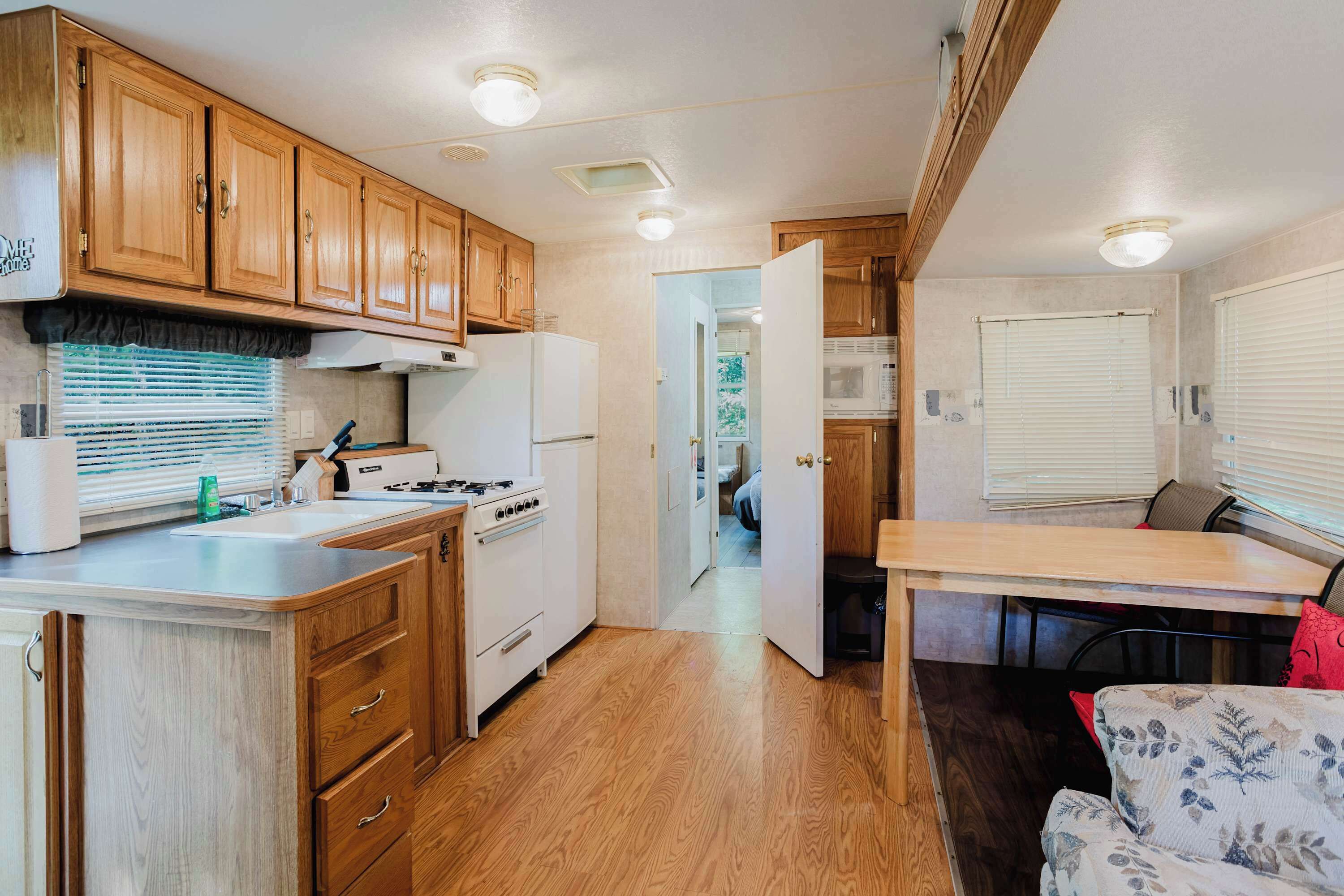 Fridge, microwave, stovetop, cookware/dishes/utensils