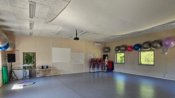 A spacious room with a whiteboard, exercise balls, and a skeleton model. - Modern Single Room Holiday Home in Lemvig (Lemvig)