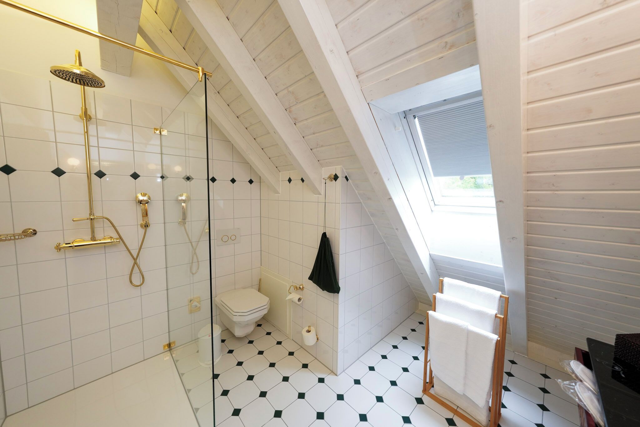 Une salle de bain avec douche, toilettes et porte-serviettes.
