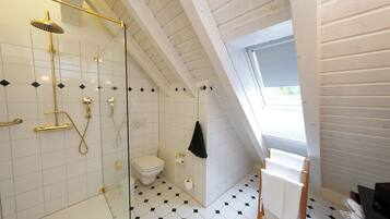 Une salle de bain avec douche, toilettes et porte-serviettes.