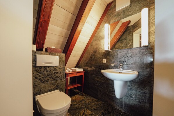 A bathroom with a sloped ceiling, a toilet, a sink, a wooden shelf, and a mirror. - Hofgut Albführen - Hotel & Restaurant (Dettighofen)