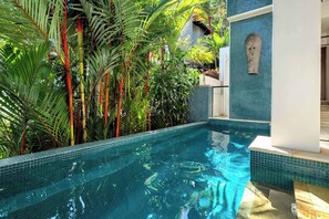 A swimming pool with clear blue water, surrounded by lush tropical plants and a tiled wall.