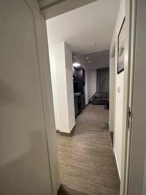 A hallway leading to a living area with a sofa, a washing machine, and a framed picture on the wall.