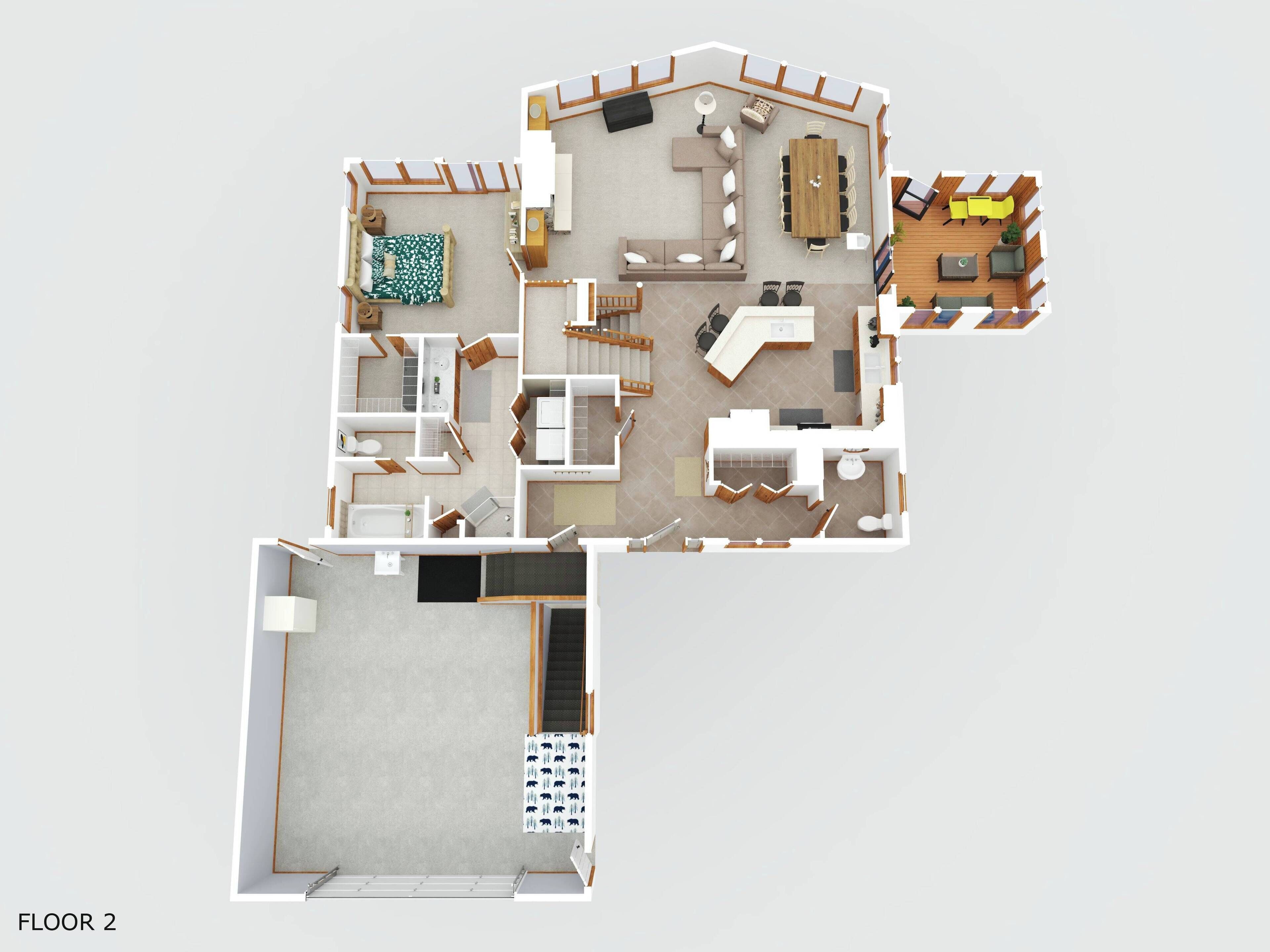 A 2D floor plan of a hotel room with a living area, dining space, and a bathroom.