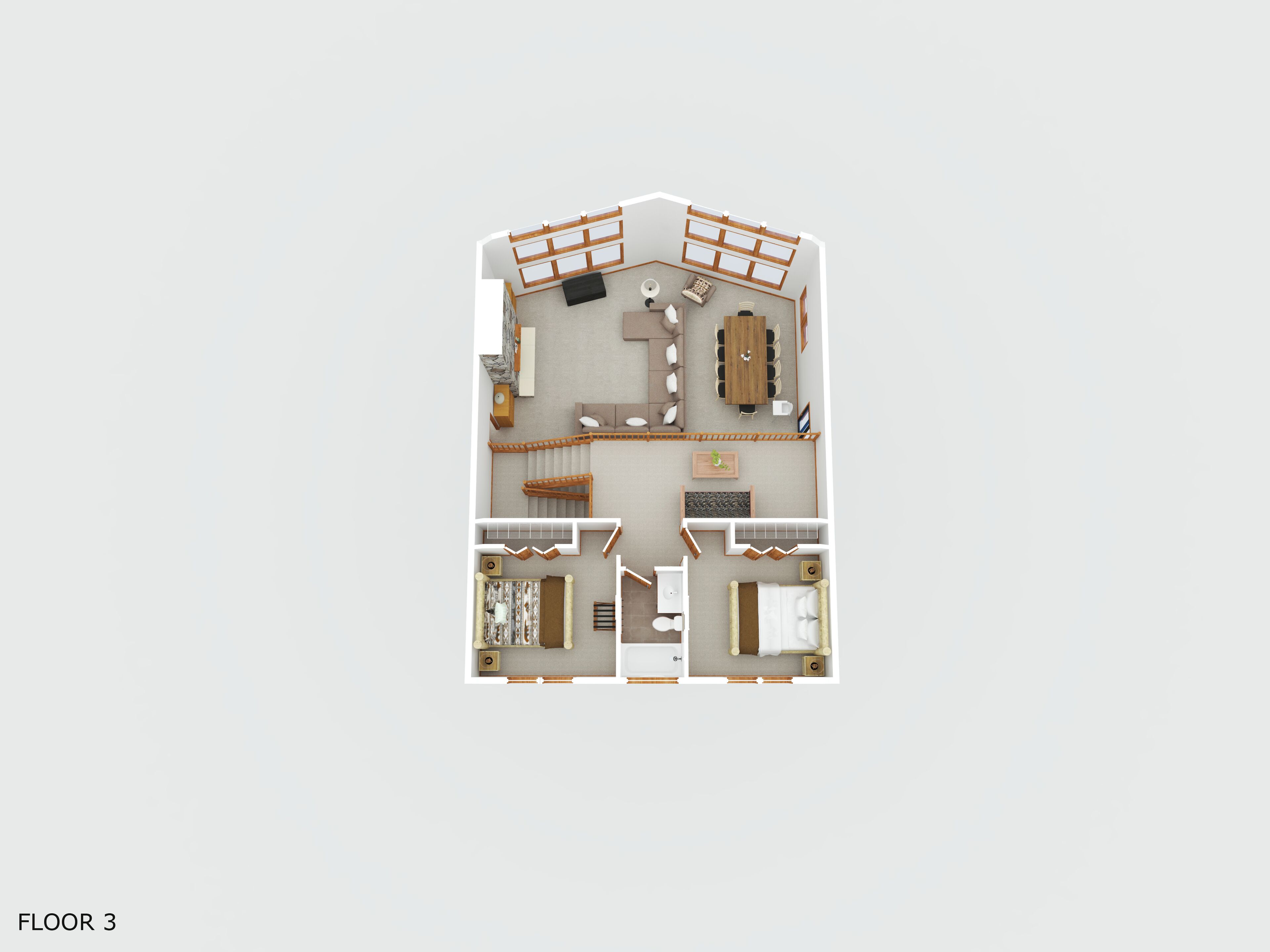 Plano de planta en 3D de una habitación de hotel que incluye sala de estar, mesa de comedor, sofá y un dormitorio independiente con cama y baño.