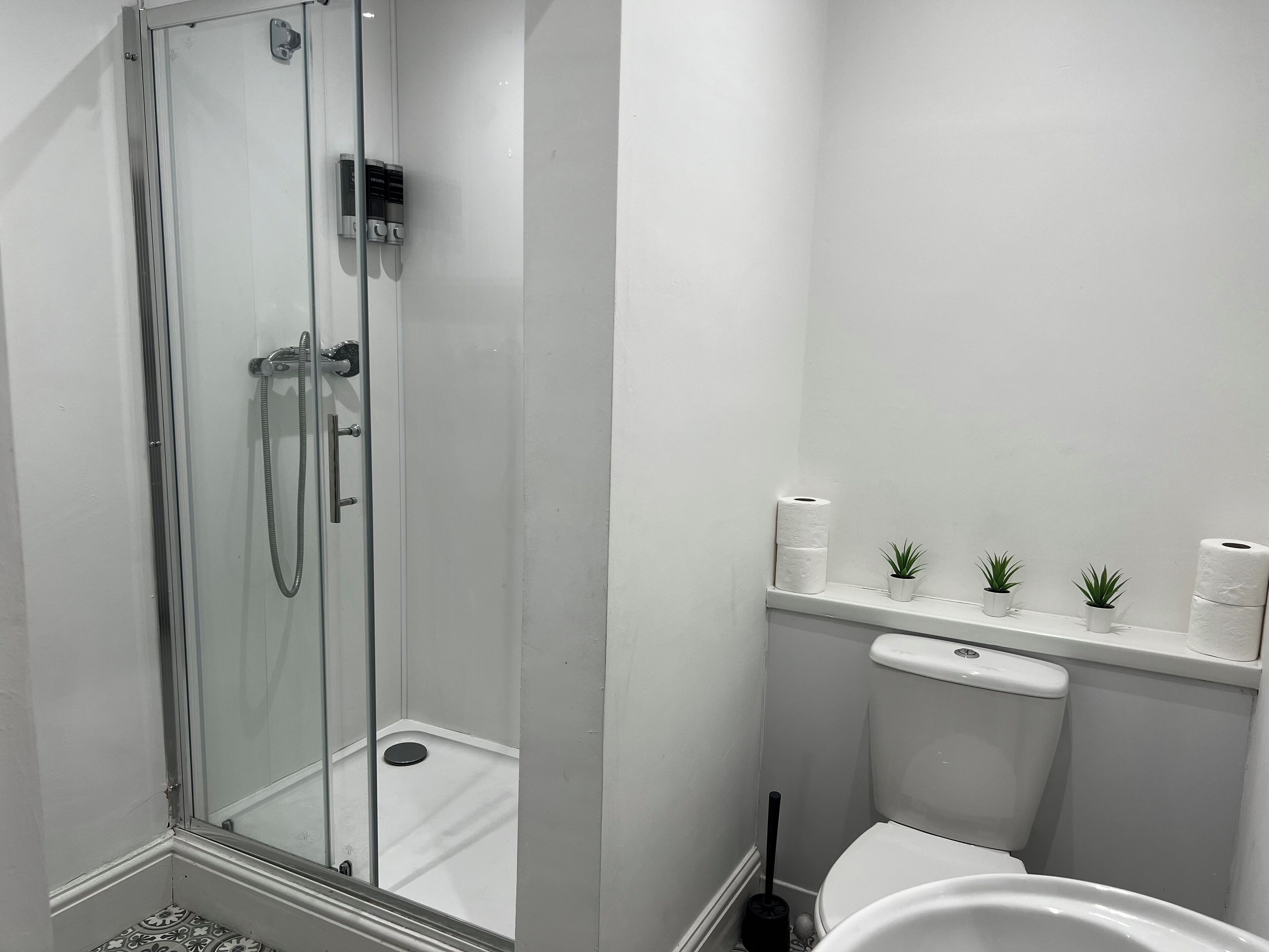 Een douche, een haardroger, zeep, toiletpapier