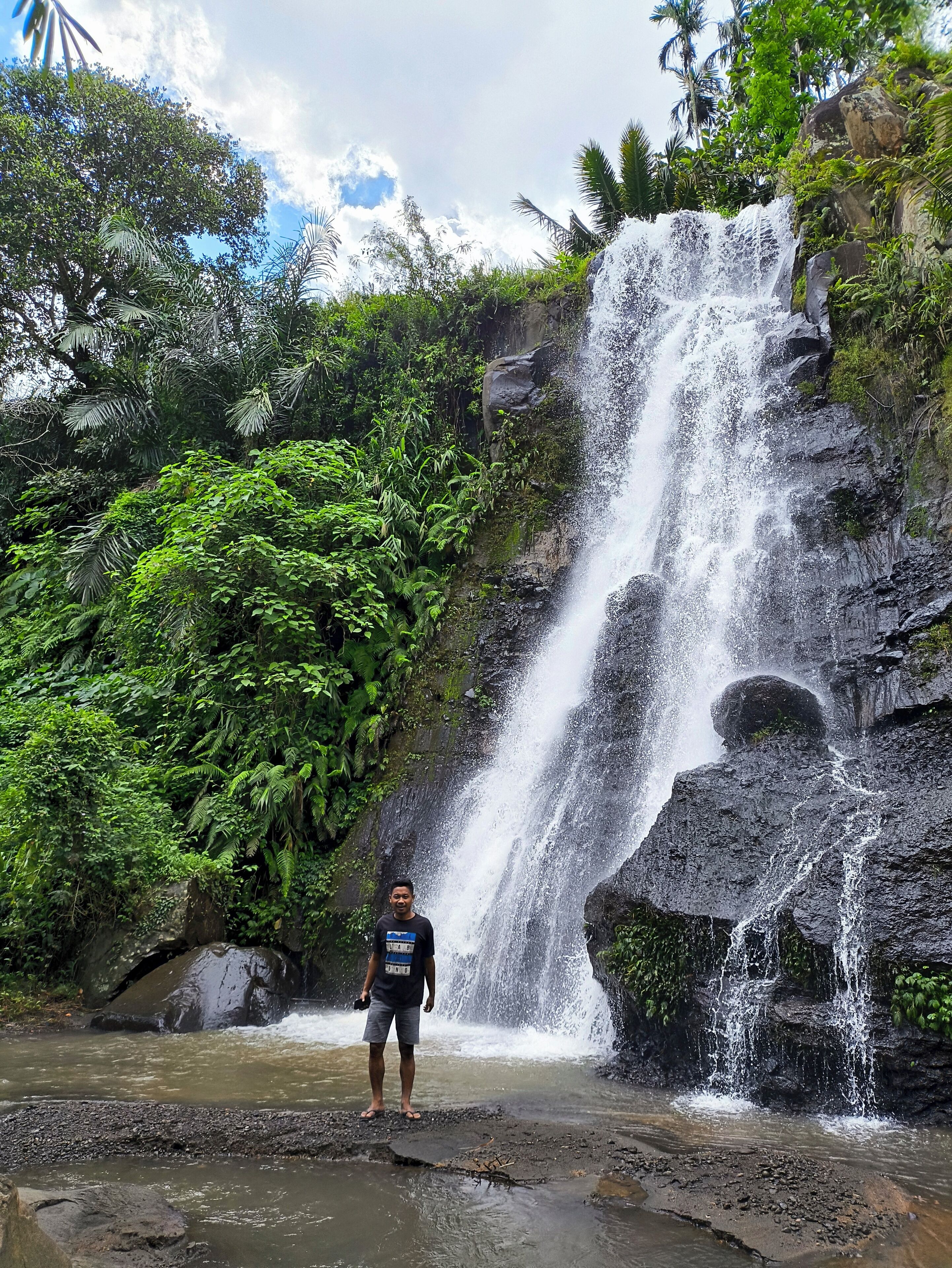 A waterfall in a lush, green environment with a person standing in the foreground.