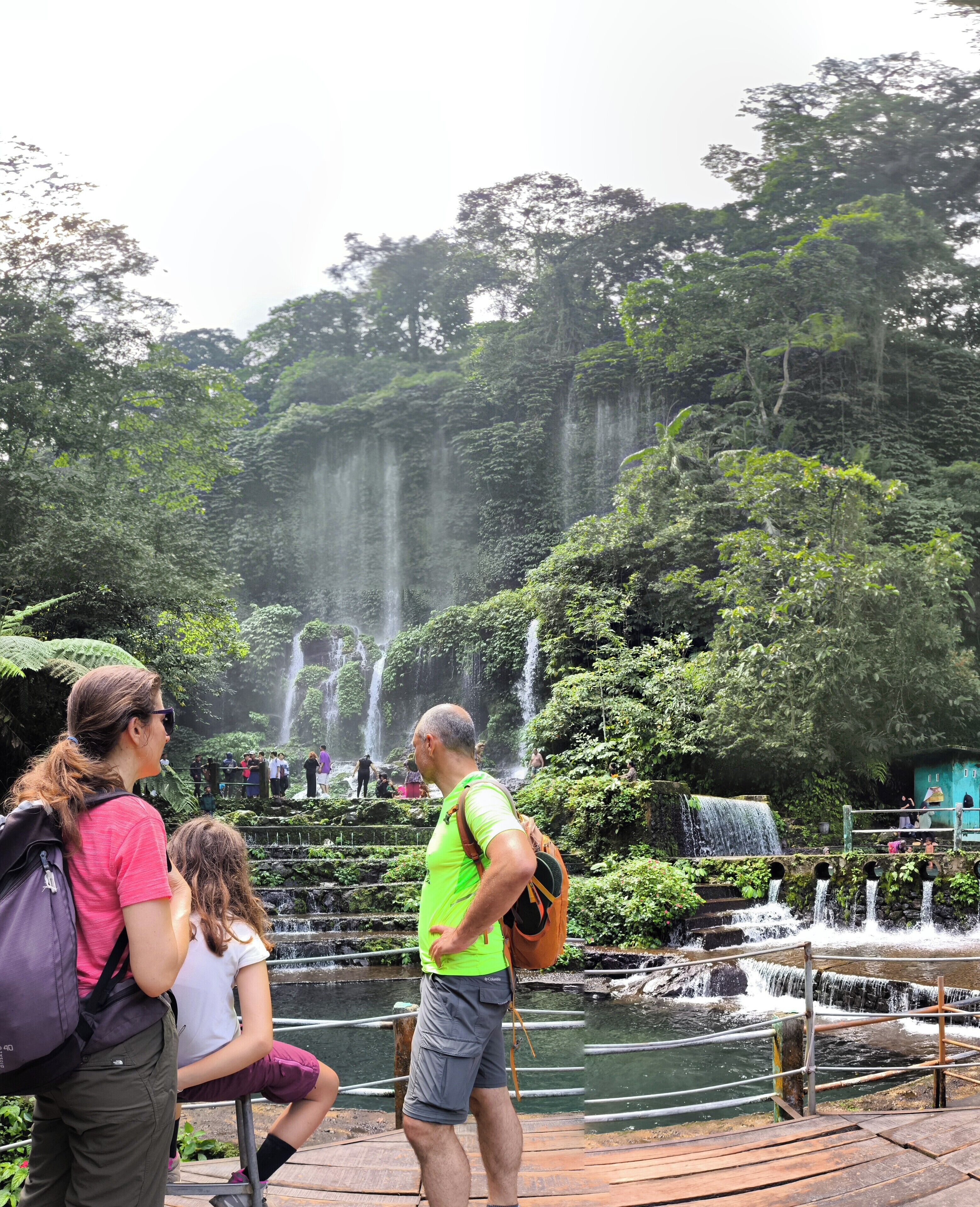 A family and a man observing a waterfall in a lush, green environment.