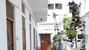 Un pasillo estrecho con suelo de baldosas, plantas en macetas y una puerta de madera al final.